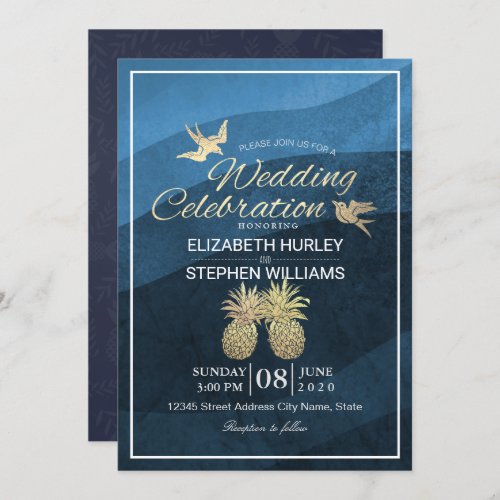 Chic Faux Gold Pineapple Couple Blue Wave Wedding  Invitation