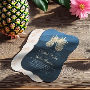 Chic Faux Gold Pineapple Couple Blue Wave Wedding Invitation