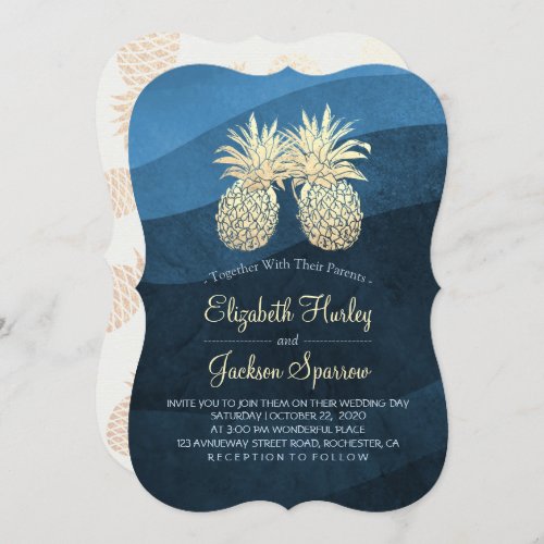 Chic Faux Gold Pineapple Couple Blue Wave Wedding Invitation
