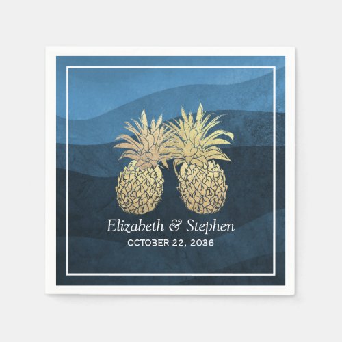 Chic Faux Gold Pineapple Couple Blue Wave Wedding Napkins