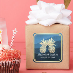 Chic Faux Gold Pineapple Couple Blue Wave Wedding Square Sticker