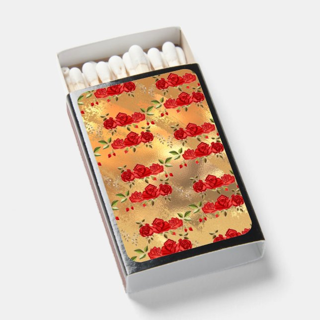 Chic Faux Gold Red Flowers Art Pattern Matchboxes (Front Open)
