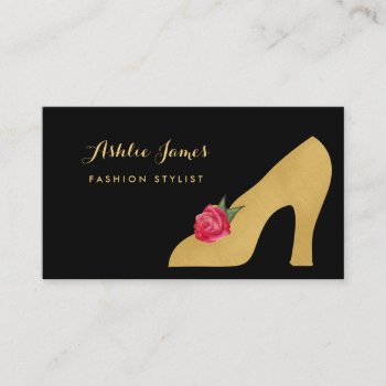 Chic Faux Gold Shoe With Red Rose Fashion Stylist Business Card by GirlyBusinessCards at Zazzle
