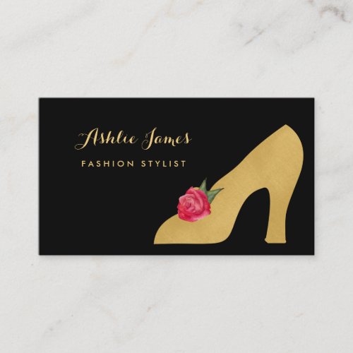 Chic Faux Gold Shoe With Red Rose Fashion Stylist Business Card