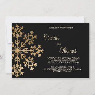 Chic faux Gold snowflake on black winter wedding Invitation