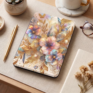 Chic Faux Iridescent Glass Gold Floral Art Pattern Kindle Cover