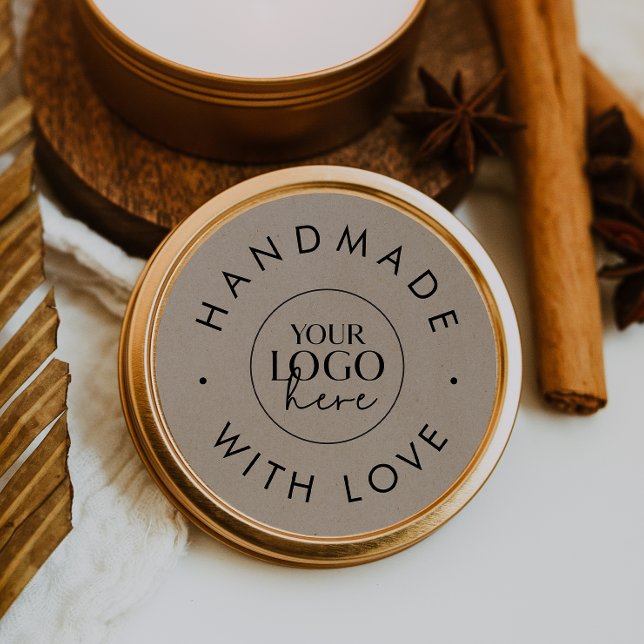 Chic Faux Kraft Business Logo Handmade With Love Classic Round Sticker (Creator Uploaded)