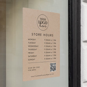 Chic Faux Kraft Business Logo QR Code Store Hours Window Cling