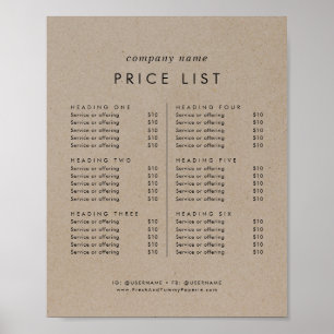 Chic Faux Kraft Business Services Price List Poster