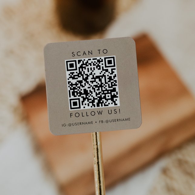 Chic Faux Kraft Business Social Media QR Code Square Sticker (Creator Uploaded)