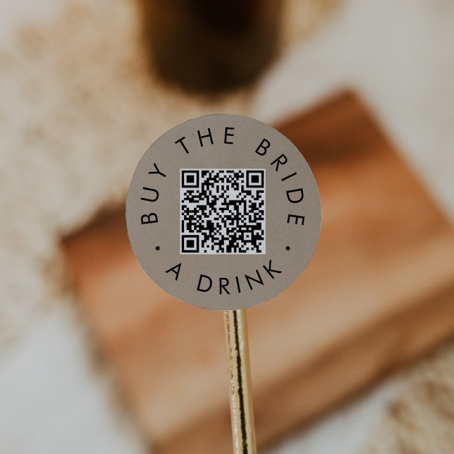 Chic Faux Kraft Buy Bride A Drink QR Code Circular Classic Round Sticker (Creator Uploaded)