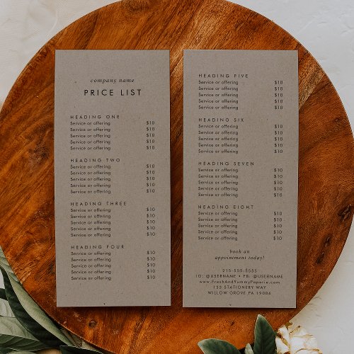 Chic Faux Kraft Double Sided Business Price List Rack Card