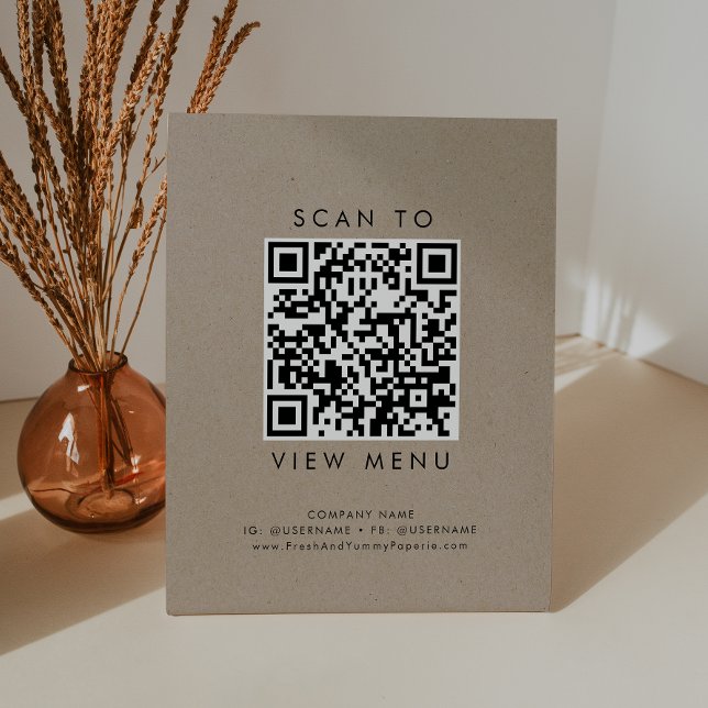 Chic Faux Kraft Typography Restaurant Menu QR Code Pedestal Sign (Creator Uploaded)