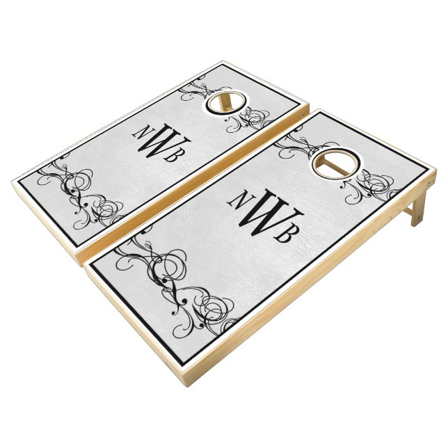 Chic Faux Leather Monogram Wedding  Cornhole Set (Angled)