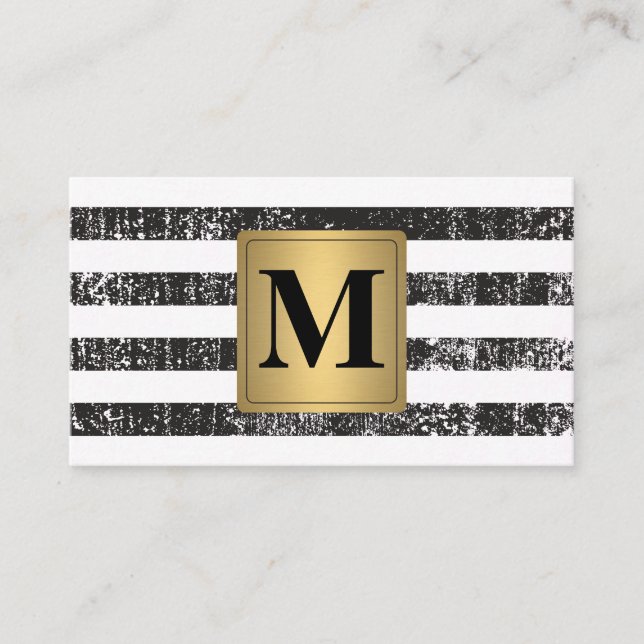 Chic Faux Metallic Gold Monogram Grunge Stripes Business Card (Front)