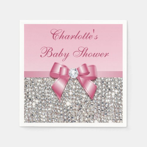 Chic Faux Pink Bow Silver Sequins Baby Shower Paper Napkins