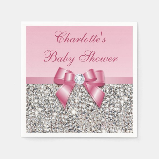 Chic Faux Pink Bow Silver Sequins Baby Shower Paper Napkins (Front)