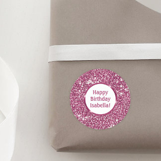 Chic Faux Pink Glitter Look Custom Happy Birthday Classic Round Sticker