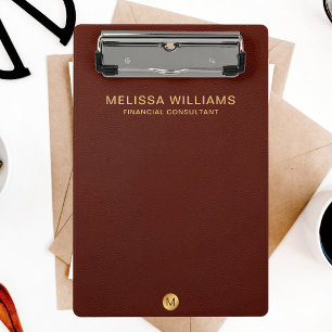 Chic Faux Red Leather & Gold Monogram Name Mini Clipboard