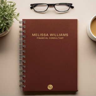 Chic Faux Red Leather & Gold  Monogram Name Notebook
