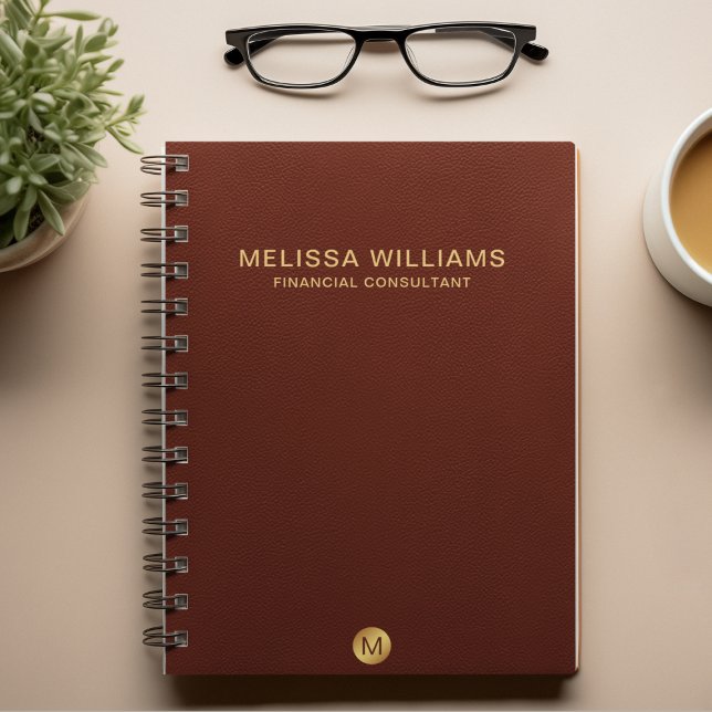 Chic Faux Red Leather & Gold  Monogram Name Notebook (Creator Uploaded)