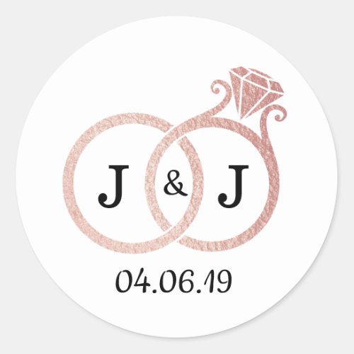 Chic Faux Rose Gold Foil Monogram Wedding Rings Classic Round Sticker