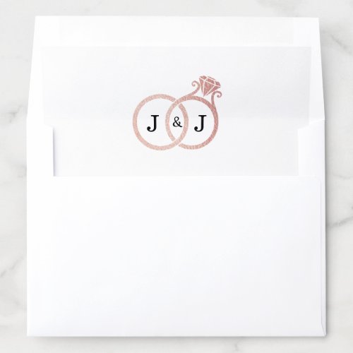 Chic Faux Rose Gold Foil Monogram Wedding Rings Envelope Liner