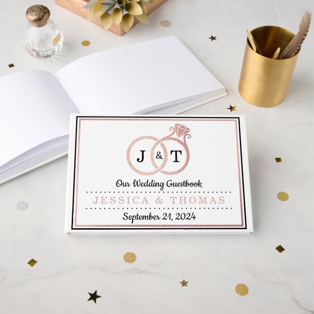 Chic Faux Rose Gold Foil Monogram Wedding Rings Guest Book (Front Open)