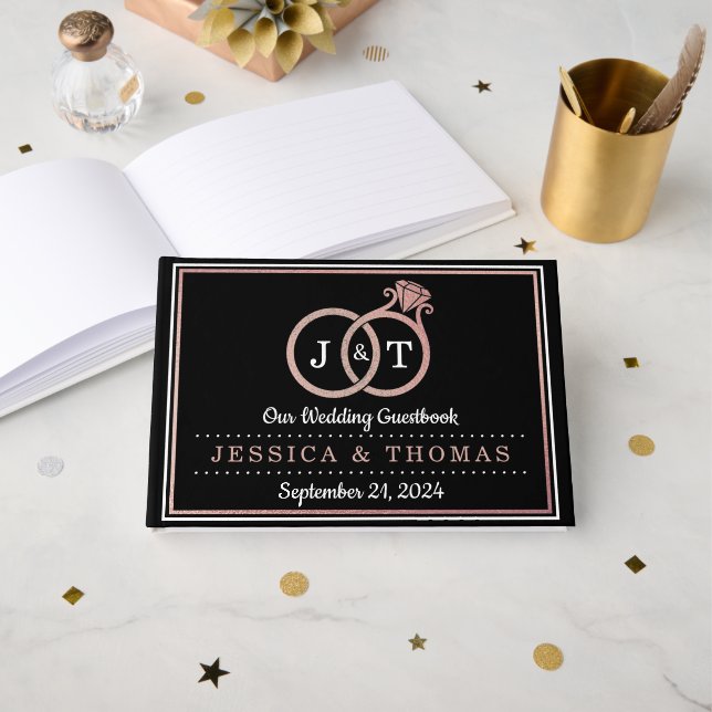 Chic Faux Rose Gold Foil Monogram Wedding Rings Guest Book (Front Open)