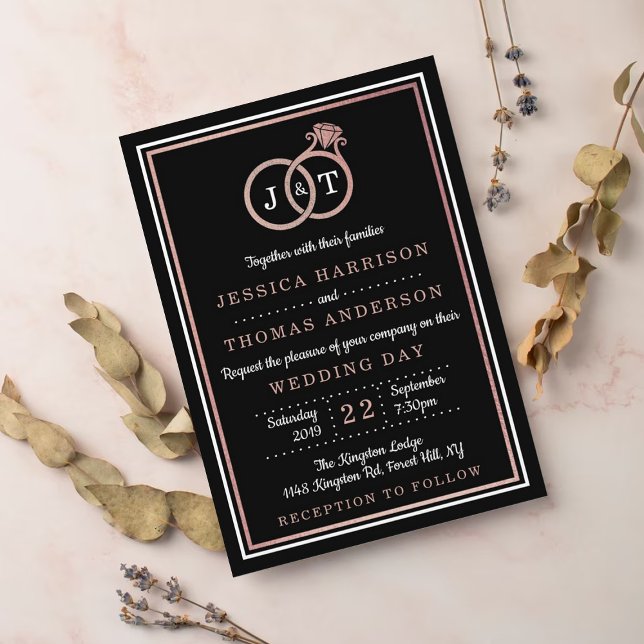 Chic Faux Rose Gold Foil Monogram Wedding Rings Invitation (Creator Uploaded)