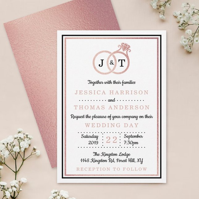 Chic Faux Rose Gold Foil Monogram Wedding Rings Invitation (Creator Uploaded)