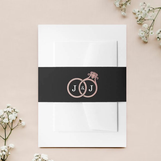 Chic Faux Rose Gold Foil Monogram Wedding Rings Invitation Belly Band (Creator Uploaded)