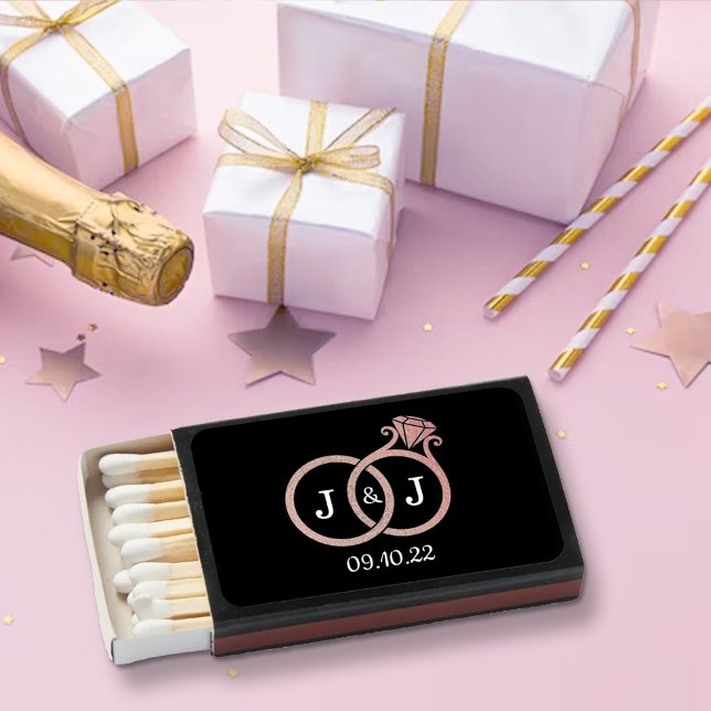 Chic Faux Rose Gold Foil Monogram Wedding Rings Matchboxes (Creator Uploaded)