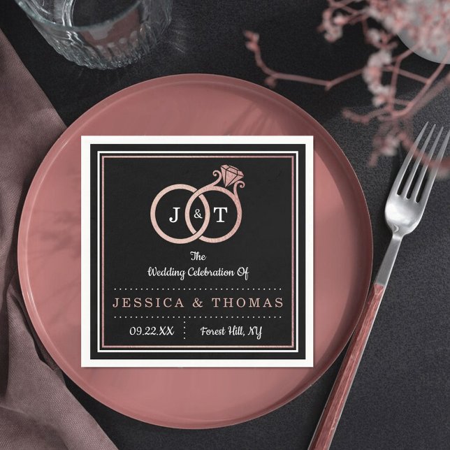 Chic Faux Rose Gold Foil Monogram Wedding Rings Napkins (Creator Uploaded)