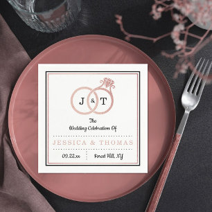 Chic Faux Rose Gold Foil Monogram Wedding Rings Napkins
