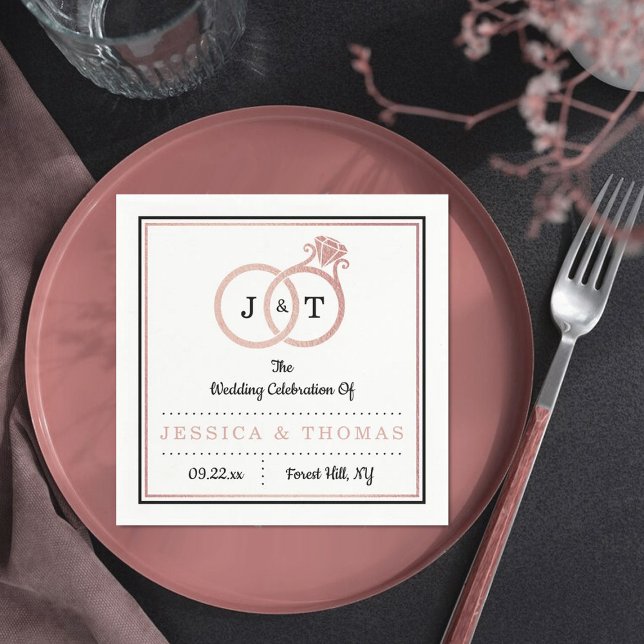 Chic Faux Rose Gold Foil Monogram Wedding Rings Napkins (Creator Uploaded)