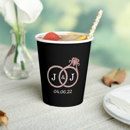 Chic Faux Rose Gold Foil Monogram Wedding Rings Paper Cups
