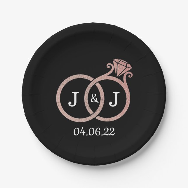 Chic Faux Rose Gold Foil Monogram Wedding Rings Paper Plates (Front)