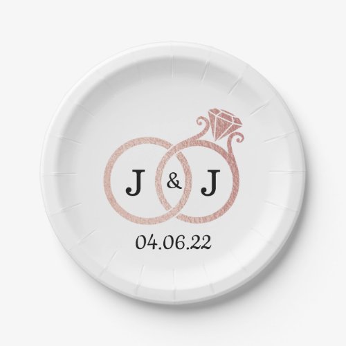 Chic Faux Rose Gold Foil Monogram Wedding Rings Paper Plates