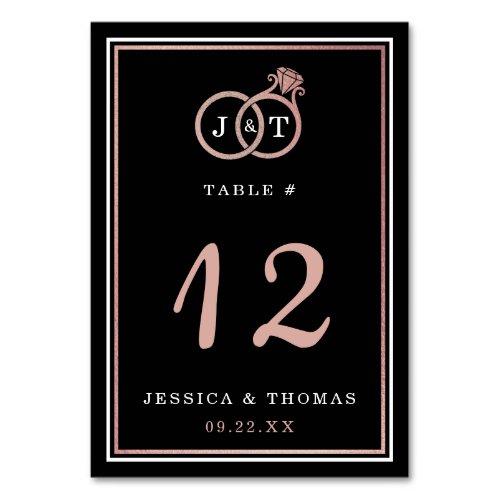 Chic Faux Rose Gold Foil Monogram Wedding Rings Table Number