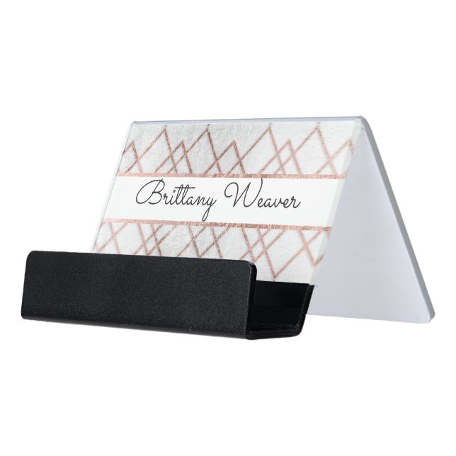 Chic Faux Rose Gold Geometric Triangles Monogram Desk Business Card Holder (Angled Front)