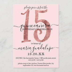 Chic Faux Rose Gold Glitter Blush Pink Quinceañera Invitation