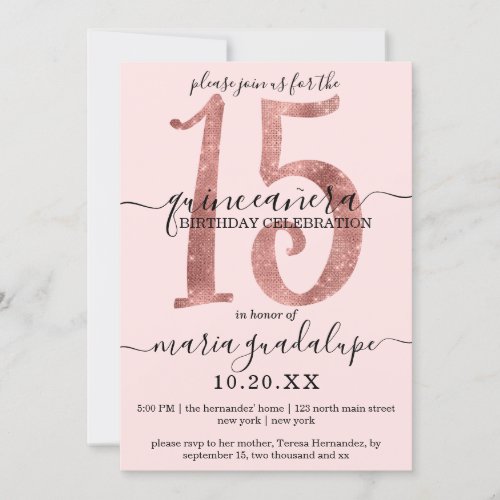 Chic Faux Rose Gold Glitter Blush Pink Quinceaera Invitation