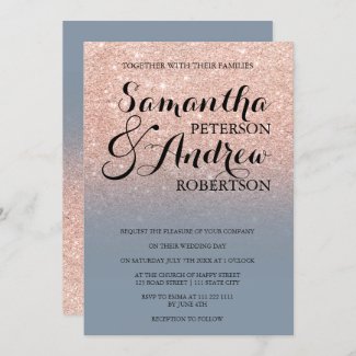 Rose Gold and dusty blue wedding invitation with glitter sparckle