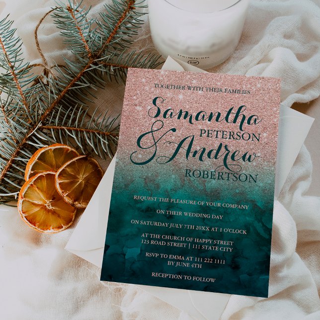 Chic faux rose gold glitter green emerald wedding invitation (Chic faux rose gold glitter green emerald wedding invitation)