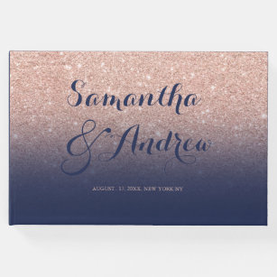 Chic faux rose gold glitter navy blue wedding guest book