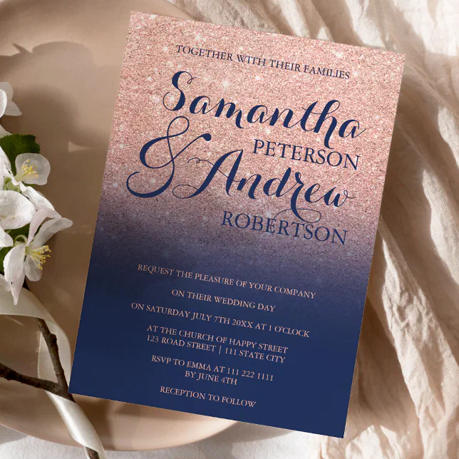 Chic faux rose gold glitter navy blue wedding invitation | Zazzle