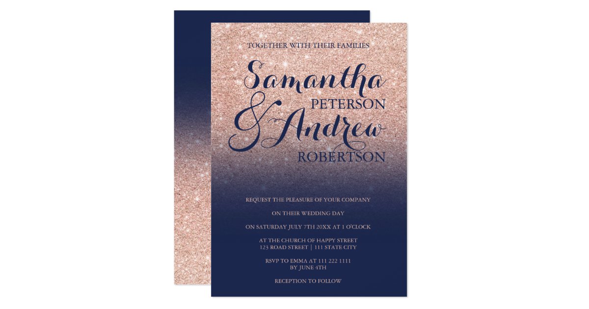 Chic faux rose gold glitter navy blue wedding invitation