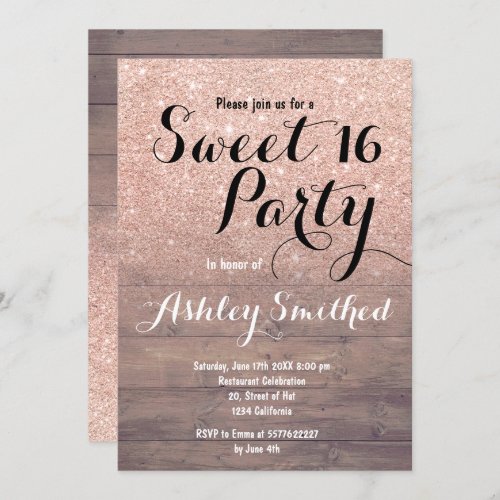 Chic faux rose gold glitter rustic wood Sweet 16 Invitation
