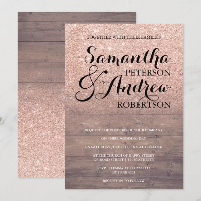 Chic faux rose gold glitter rustic wood wedding invitation (Front/Back)